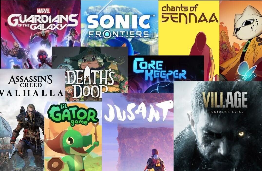 A selection of games in the prize pool, including Marvel's Guardians of the Galaxy, Sonic Frontiers, Chants of Sennaar, Death's Door, Assassin's Creed Valhalla, Lil Gator Game, Jusant, Resident Evil Village, and Core Keeper.